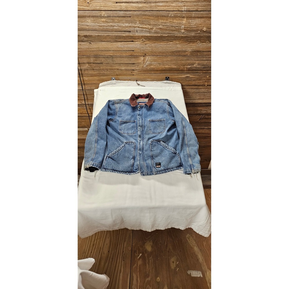 Craftsman Mens Denim Chore Jacket Sherpa Lined Corduroy Collar Blue Distressed